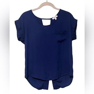 Sheer dark blue top.  Brand name is MINE in size S